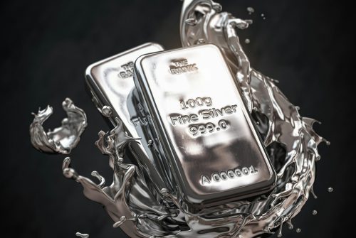 Silver bar or bullion ingot in liquid silver metal splash on black background.